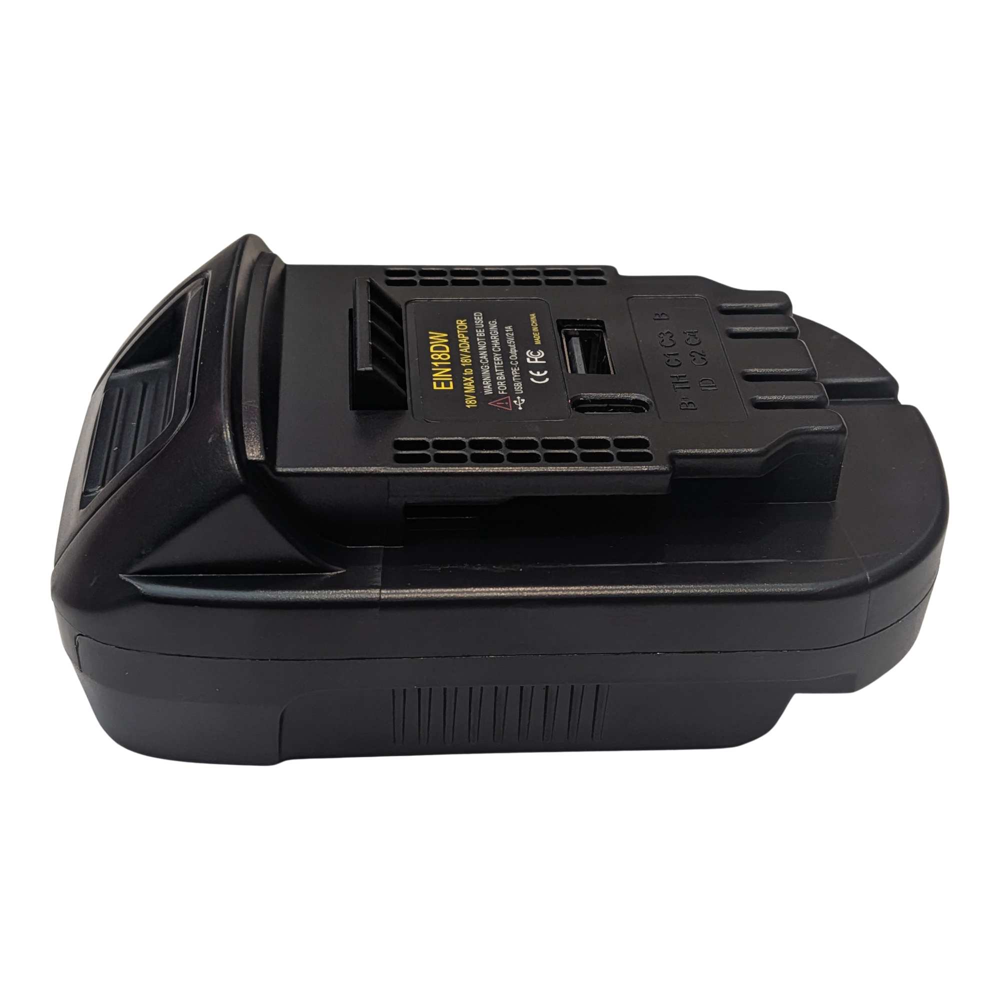 Ozito 18V PXC to DeWalt 20V MAX battery adapter - side view showing the DeWalt tool-side connection and the USB ports