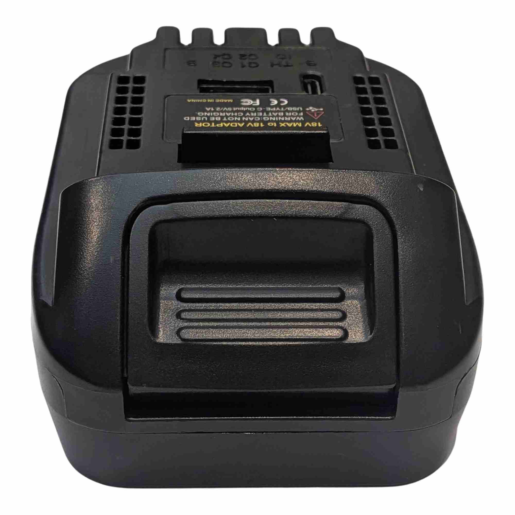 Ozito 18V PXC to DeWalt 20V MAX battery adapter - front view showing the release catch below the DeWalt tool-side plate