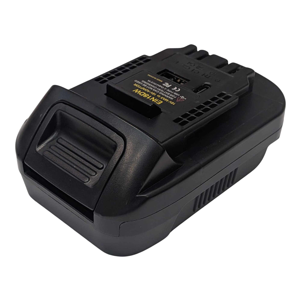 Ozito 18V PXC to DeWalt 20V MAX battery adapter - angled view of the DeWalt tool-side connection with USB-A and USB-C ports