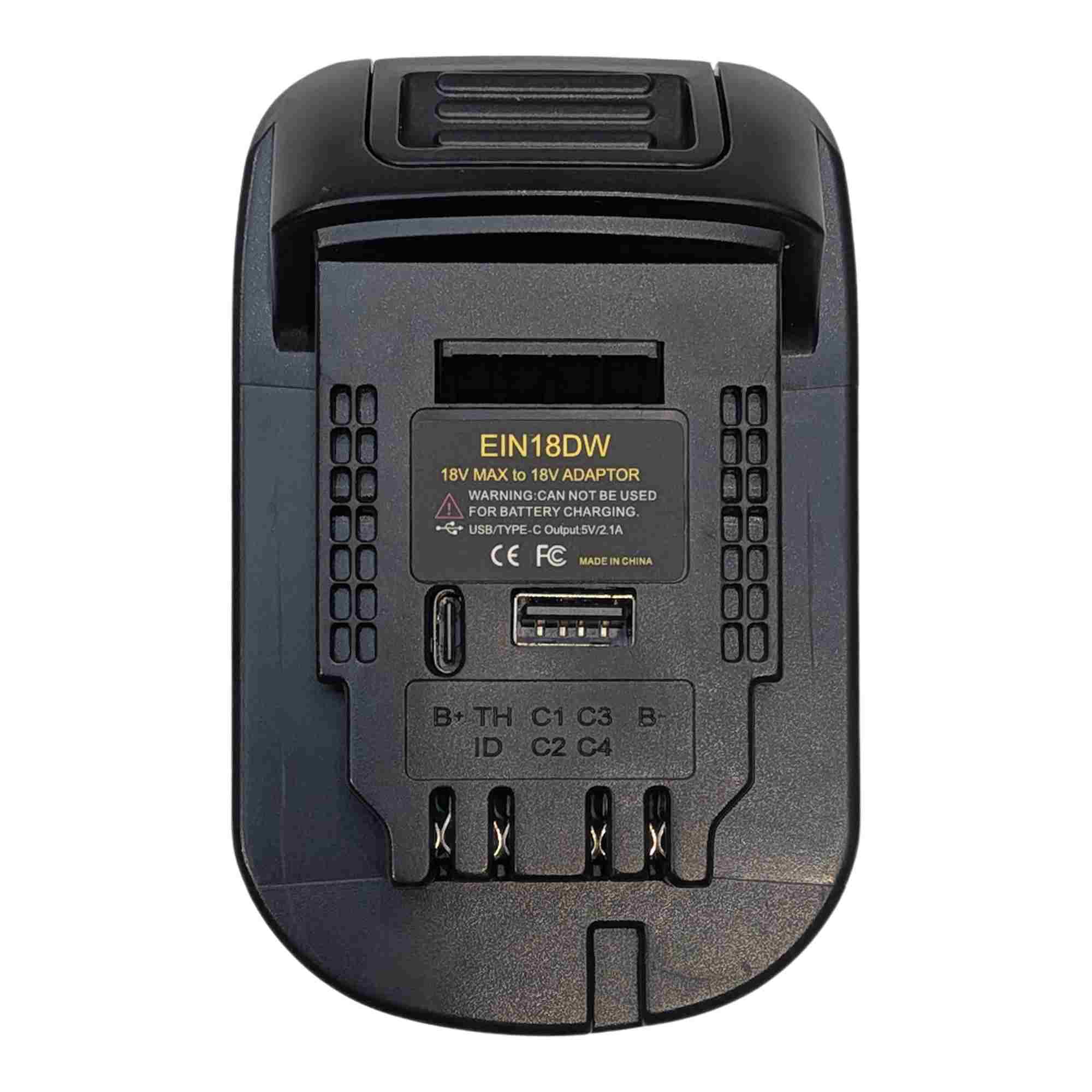 Ozito 18V PXC to DeWalt 20V MAX battery adapter - DeWalt tool-side connection, four terminal slots with USB-A and USB-C ports