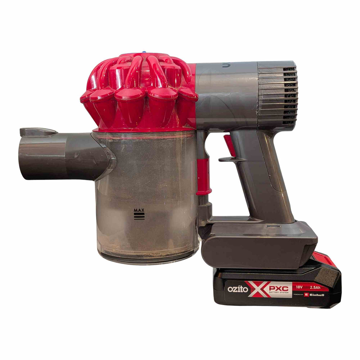 Ozito 18V PXC to Dyson V6 battery adapter: Fitted, Left Side