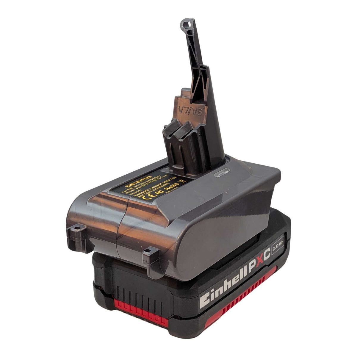 Akkuadapter Einhell 18V PXC auf Dyson V7: Akku auf Adapter, rechts