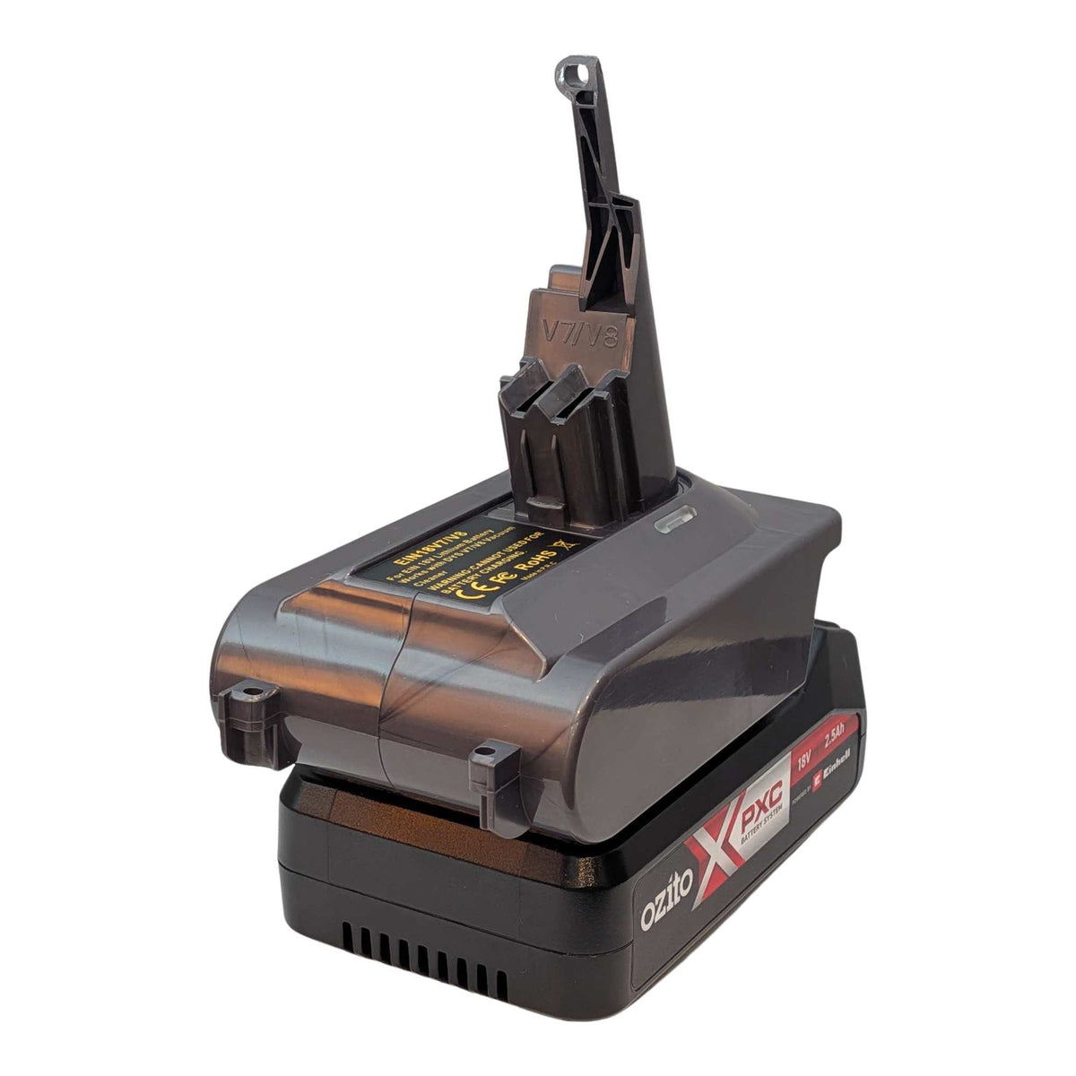 Ozito 18V PXC to Dyson V7 battery adapter: Battery on Adapter, Right