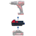 Ozito 18V PXC to Milwaukee M18 battery adapter - compatibility diagram showing battery, adapter and cordless drill