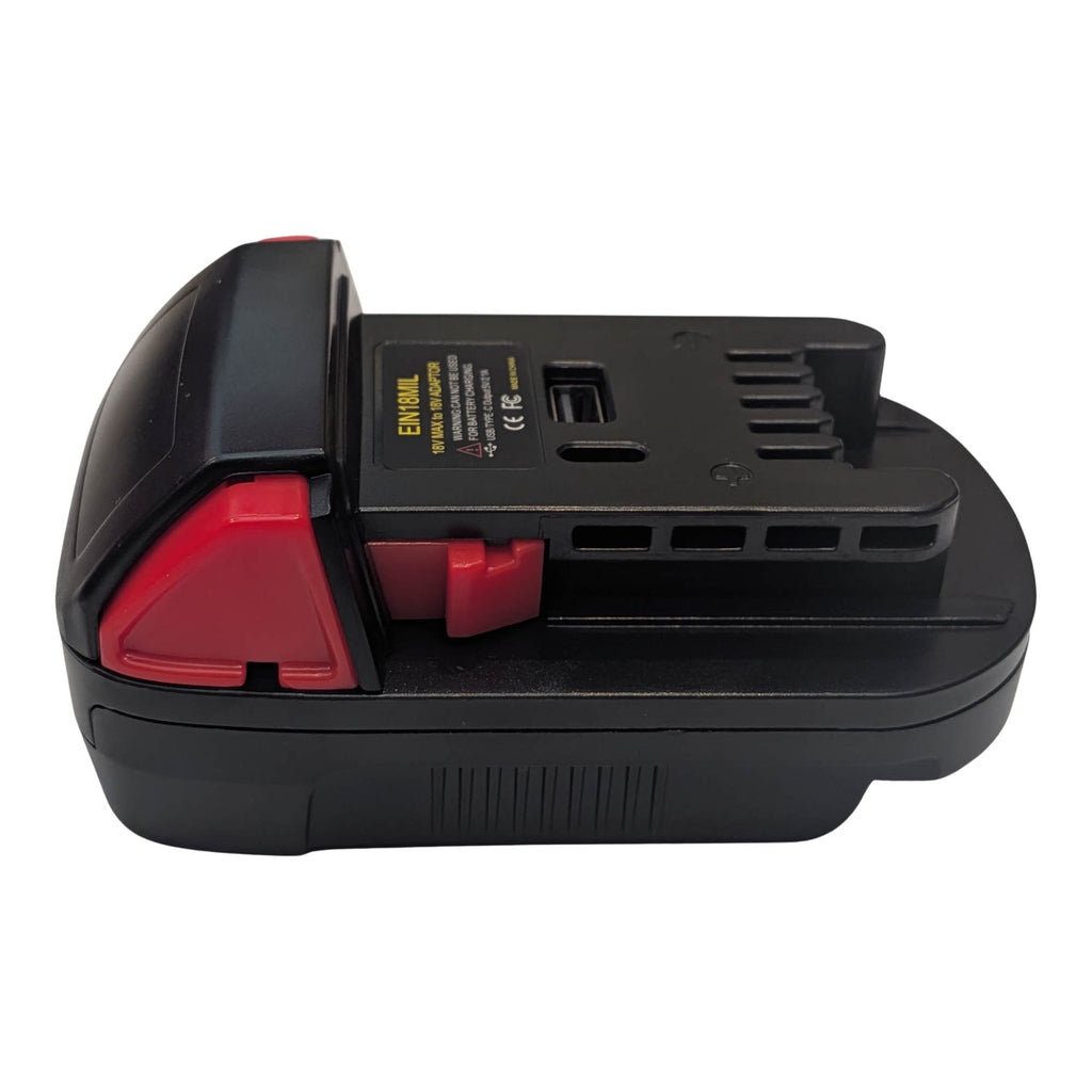 Ozito 18V PXC to Milwaukee M18 battery adapter - side view showing the Milwaukee tool-side connection and release lever