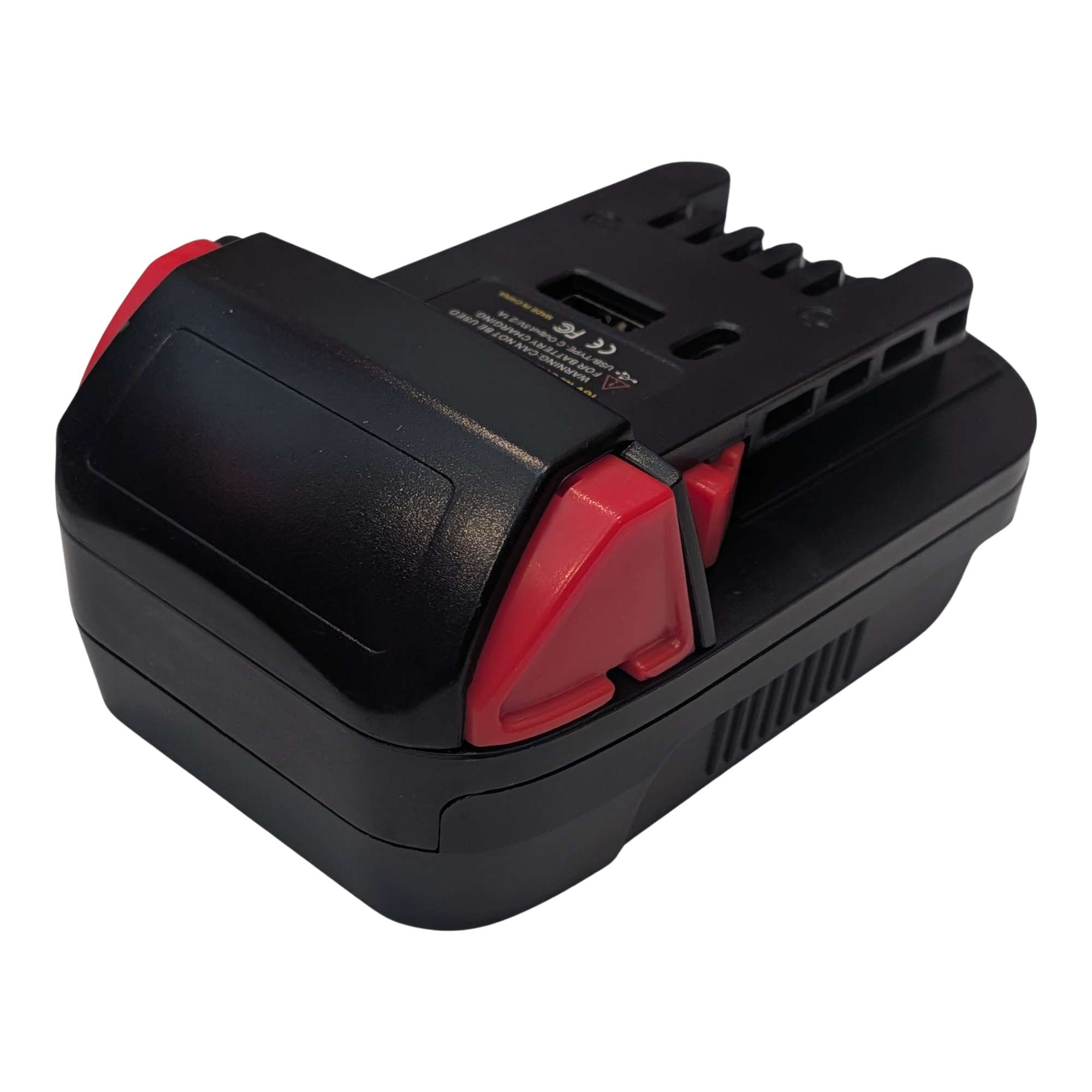 Ozito 18V PXC to Milwaukee M18 battery adapter - angled view of the Milwaukee tool-side connection with its side release