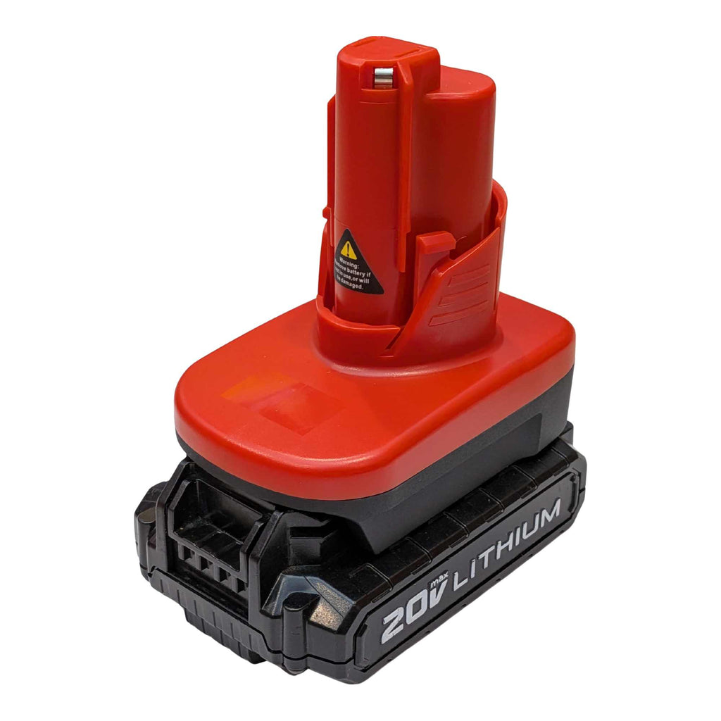 Porter Cable 20V to Milwaukee M12 battery adapter - fitted to the Porter Cable 20V battery, red tool-side tower upward