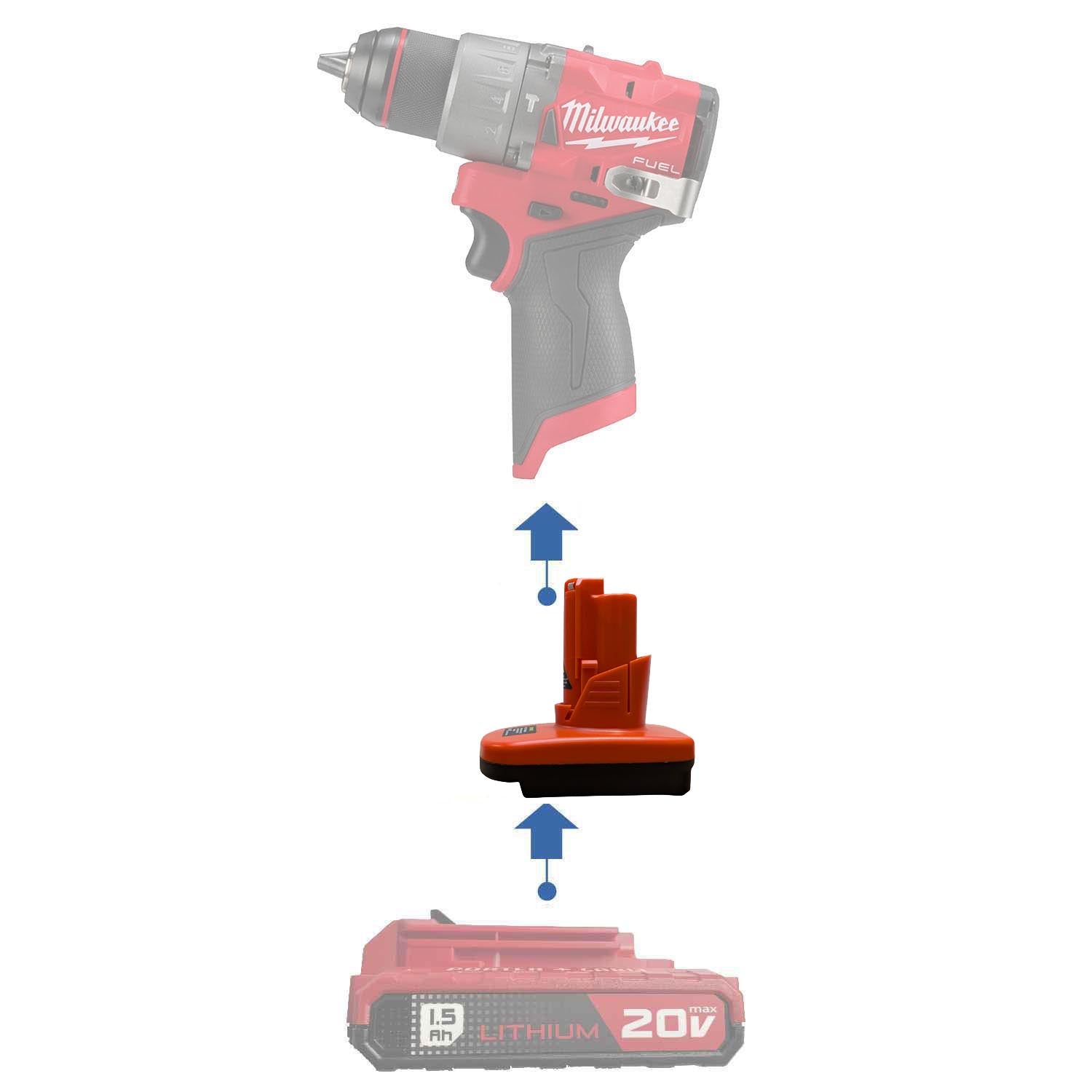Porter Cable 20V to Milwaukee M12 battery adapter - compatibility diagram showing battery, adapter and hammer drill